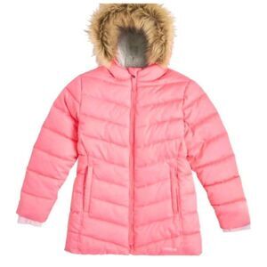 Lands End Youth Girls M (10/12) Quilted Pink Puffer Parka Faux Fur Lined Coat